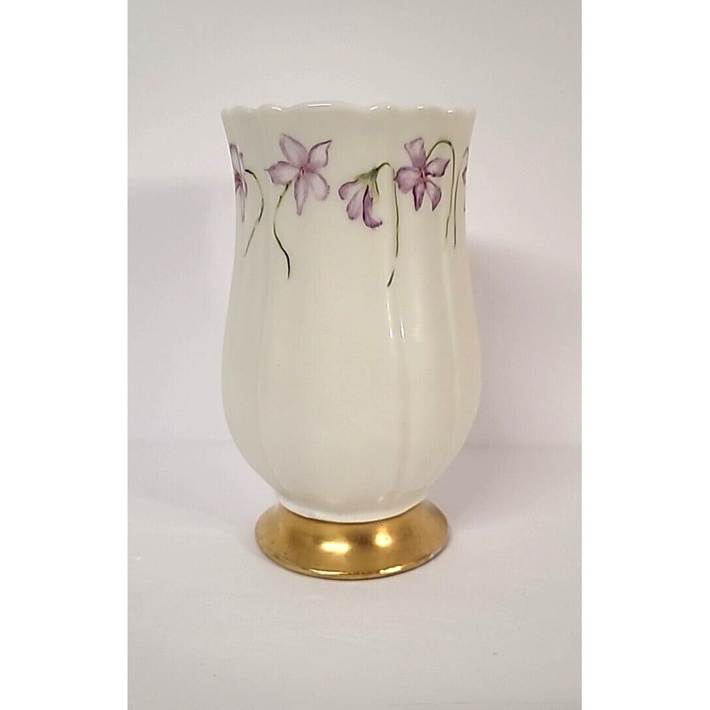 Limoges France Hand Painted Violets Vase w/Gold Gild Base & Scalloped Top Signed